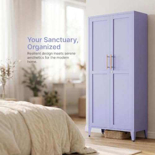 61" Purple Metal Storage Cabinet, Lockable 2-Door Tall Locker with 3 Adjustable Shelves, Freestanding Steel Utility Cabinet for Bedroom, Office, Living Room, 61" H x 27.6" W x 13.8" D - color: Purple, style: 61"H-Cabinet-YX