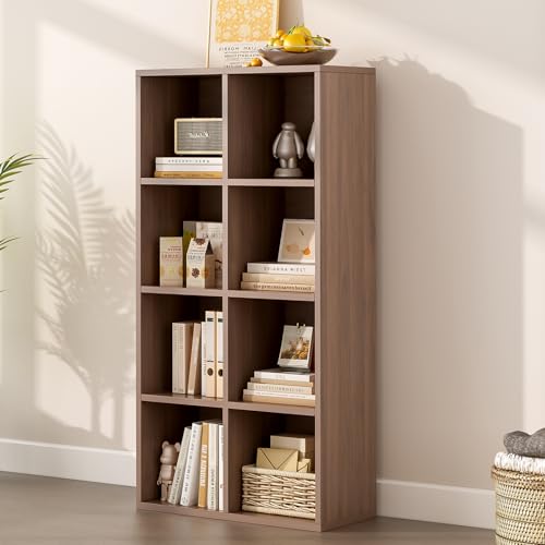 8-Cube Storage Shelf Bookcase, Walnut | Wooden 4-Tier Open Bookshelf, Fits 11×11" Bins, Vertical or Horizontal Use, Full Back Panels, For Home Office - color: Walnut, size: 8-Cube