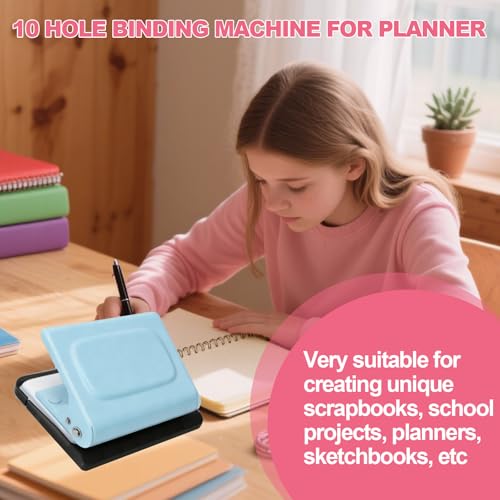 10 Hole Punch Binding Machine for Planner, Manual Binding System with 10 Multi-Color Binder Rings for Making 26 Holes on B5, 30 Holes on A4, 20 Holes on A5 Book, 10 Sheet Capacity (Blue) - color: Blue