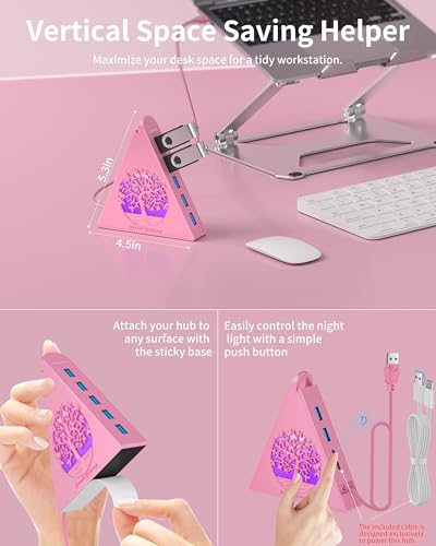7-Port USB 3.0 Hub, RGB USB Hub with RGB Tree Light and 2ft Cable, USB Hub 3.0 Pink USB Expander for Laptop, PC, Flash Drive, HDD, Console, Printer, Keyboard, Mouse (Pink) - color: 3-Tree Pink