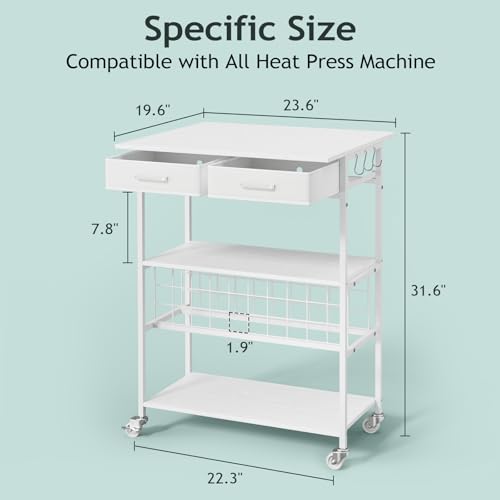 Homsorout Movable Heat Press Table with Drawer & Hooks, 23.6''×19.6'' - style: White