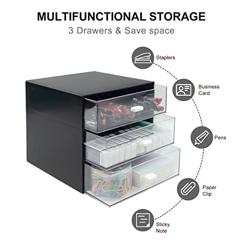 Desk Organizer with Drawer, Desk Storage Box, Plastic Office Stationery Supplies Organizers, Desktop Organizer for Office School Home (3 drawer, Black) - style: 3 drawer