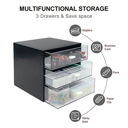 Desk Organizer with Drawer, Desk Storage Box, Plastic Office Stationery Supplies Organizers, Desktop Organizer for Office School Home (3 drawer, Black) - style: 3 drawer