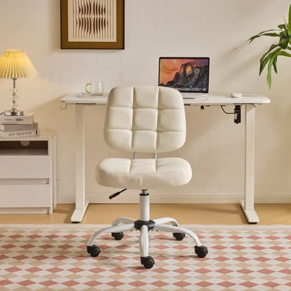 VINGLI Compact Small Desk Chair, Cute Armless Chair with Wheels, Vanity Chair with Low Back, Height Adjustable Task Chair for Small Spaces, Office, Bedroom, Make Up Room, PU Leather, White - color: White