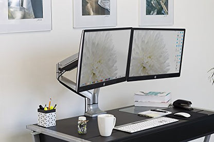 Mount-It! (MI-1772) Dual Monitor Arm Mount Desk Stand Two Articulating Gas Spring Height Adjustable Arms | Fits Up To 32" VESA 75 100 Compatible Screens | C-Clamp and Grommet Bases (Silver) - color: Silver