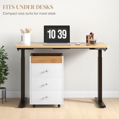 HOMCOM 3 Drawer Home Office Storage Cabinet, Office Drawer on Wheels, White | Removable Tray, Under Desk Printer Stand with Storage
