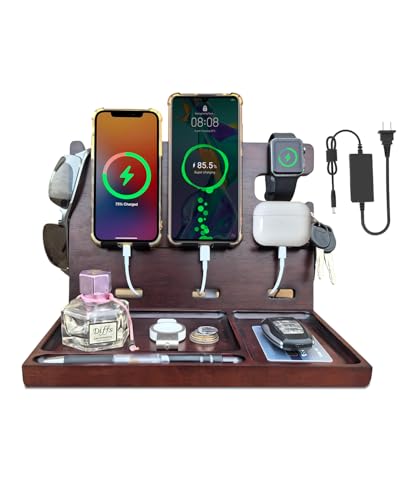 USB Charging Station for Multiple Devices Wood Phone Docking Station with QC3.0 & PD 22.5W Type c Charger Fast Charging for iPhone Samsung Google Andriod Smart Watch Earbuds Gifts for Men - color: Brown