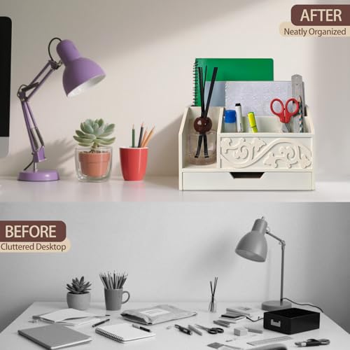 White Wooden Mail Organizer with Drawer, Three Tiered Desk Accessories for Office Organization and Storage, Stylish Countertop Document Storage, Home/Office/Classroom Supplies (White01) - style: White01