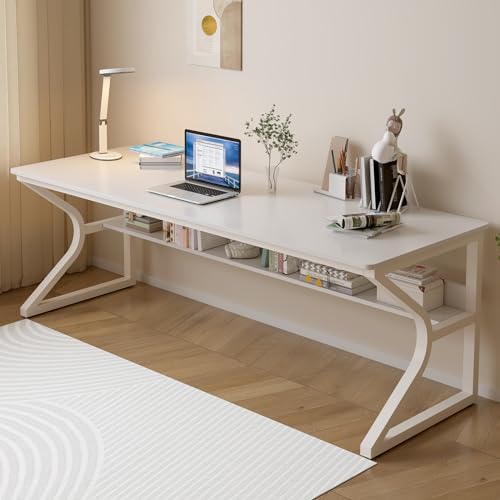 71-Inch Extra Long Desk with Storage Shelf, Warm White | Double Long Writing Table, Space-saving, 2-Person Workstation, Modern Study Work Computer Desk, For Home Office - color: Warm White, size: 71x23.6 inch