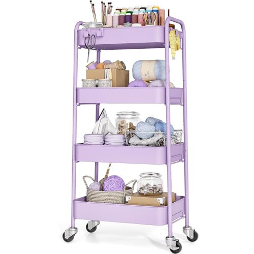 TOOLF 4 Tier Metal Rolling Cart, Utility Storage Cart with Wheels, Purple | Screwless Assembly, Lockable Metal Wheels, Trolley Organizer for Bathroom, Kitchen, Office, Dorm, Laundry, Craft Room - color: Purple, size: 4-Tier