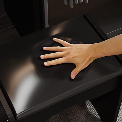 ECACAD Vanity Desk Set with LED Lighted Round Mirror, Makeup Dressing Table with 5 Drawers, Storage Shelves & Cushioned Stool for Bedroom, Black - style: Black-With Light