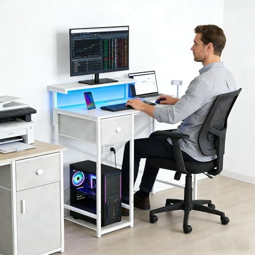 X-cosrack 33.5" Small Computer Desk with Monitor Stand & Outlets, Small Gaming Desk with LED Light & CPU Stand, Teen Study Writing Table with Storage Drawer, Side Hooks for Bedroom, Home Office White - color: White, size: 33.5" with Monitor Stand