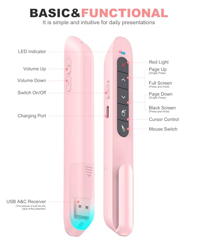 DINOSTRIKE Pink Wireless Presentation Remote with Air Mouse, Rechargeable USB C Slide Clicker Compatible with PowerPoint for Mac and Windows Laptops (2.4GHz) - color: Pink