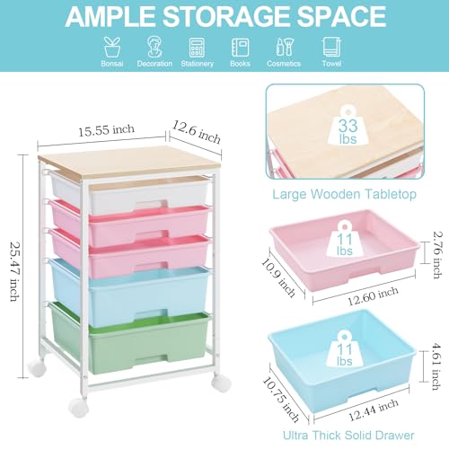 SYKIARIOL Utility Cart with 5 Drawers with Wooden Top, Rainbow - color: Rainbow