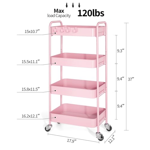 TOOLF 4 Tier Metal Rolling Cart, Utility Storage Cart with Wheels, Pink | Screwless Assembly, Lockable Metal Wheels, Trolley Organizer for Bathroom, Kitchen, Office, Dorm, Laundry, Craft Room - color: Pink, size: 4-Tier