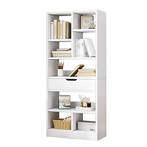 IOTXY 61" Tall Open Shelf Bookcase with 8 Cubes and a Drawer, Warm White | Fits Books, Decor, Toys, Storage Cabinet Organizer, Anti-Tip Hardware Prevents Tipping, For Living Room and Bedroom - color: Warm White, size: 61"H