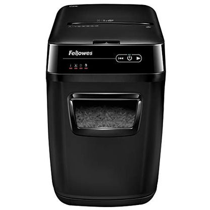 Fellowes 150-Sheet Cross-Cut Auto Feed Shredder, Black, AutoMax 150C; 9-Gallon Waste Bags, 100 Bags, 36053