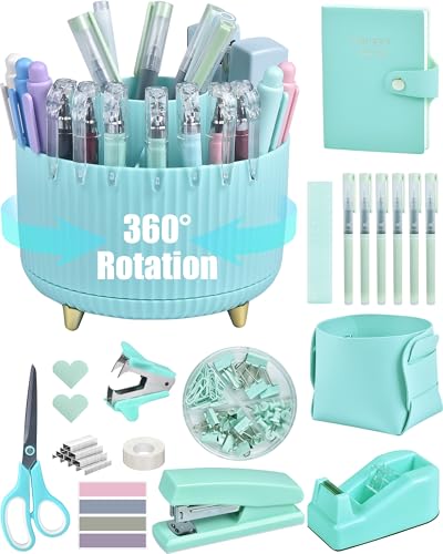 LXEVIHK Green Desk Accessories, 20Pc Office Supplies and 360°Pen Holder Desk Organizers, With Tape Dispenser, Stapler, Staple Remover, Ect, Let the Color Green Fill Your Desktop - color: Green