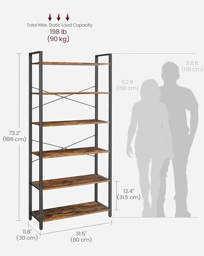 VASAGLE 6-Tier Bookshelf, Bookcase with Steel Frame, Book Shelf for Living Room, Home Office, Study, 11.8 x 31.5 x 73.2 Inches, Industrial Style, Rustic Brown and Ink Black ULLS082B01 - color: Rustic Brown + Ink Black, size: 6 Tiers (11.8"D x 31.5"W), sty