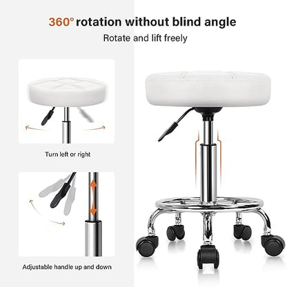 KKTONER Round Rolling Stool Chair PU Leather Height Adjustable Swivel Drafting Work SPA Shop Medical Salon Stools with Wheels Office Chair Small (White) - color: White