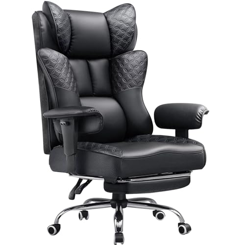 GTPLAYER Big and Tall Office Chair Wide Ergonomic Gaming Chair with Deluxe Embossing Designed Leather with Foot Rest,150°Reclining Adjustable Soft Armrests Pocket Spring Back Support and Pillow - color: Pu-coal Black