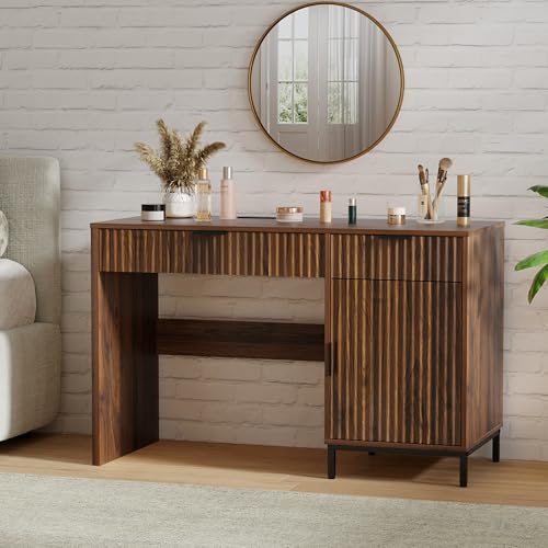 47" Office Desk with Fluted Drawers, Wooden Home Exectuive Desk with Storage Cabinet, Charging Station, Metal Legs Modern Farmhouse Computer Desk for Work, Study, Brown - color: Brown