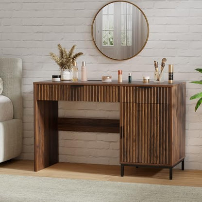 47" Office Desk with Fluted Drawers, Wooden Home Exectuive Desk with Storage Cabinet, Charging Station, Metal Legs Modern Farmhouse Computer Desk for Work, Study, Brown - color: Brown
