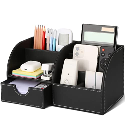 Pu Leather Desk Organizer Pen Pencil Holder Office Supplies Caddy Storage Box 6 Compartments with Drawer Black (Full Pu Leather) - color: FULL PU-Black