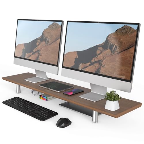 Fenge 39.4” Dual Monitor Stand with Height Adjustable Legs, Brown | Wooden & Steel, Ergonomic Height 3.6" to 4.4", Underneath Storage, Holds up to 99lbs, Laptop Monitor Stand for Home Office - color: Brown