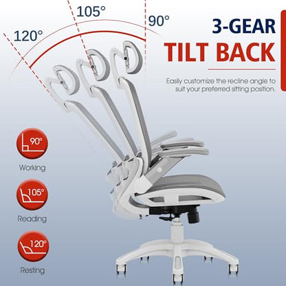 GABRYLLY Ergonomic Office Chair, High Back Home Desk Chair with Headrest, Flip-Up Arms, 90-120° Tilt Lock and Wide Cushion, 300LBS Mesh Chairs for Man Woman, White Task Chair(Dark Grey,GY01WDG) - color: White Frame Dark Grey Mesh