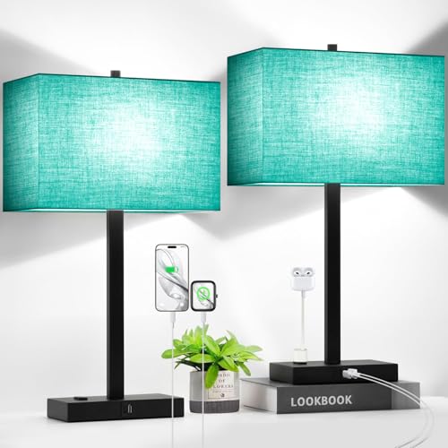 Lynnoland 21" Set of 2 Table lamp with USB A+C & AC Outlets, Touch Control 3-Way Dimmable Nightstand Lamps for Bedroom Living Room Office Reading, Green Shade Touch Lamps, 5000K LED Bulbs Included - color: Green Linen & Matte Black