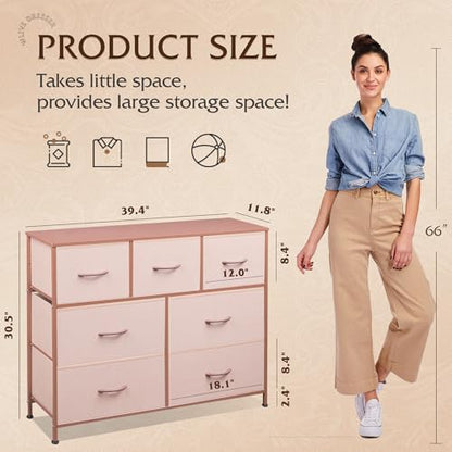 WLIVE 7 Drawer Dresser TV Stand, Entertainment Center, Media Console Table with Metal Frame and Wood Top for TV up to 45 inch, Chest of Drawers for Bedroom, Living Room, Pink - color: Pink