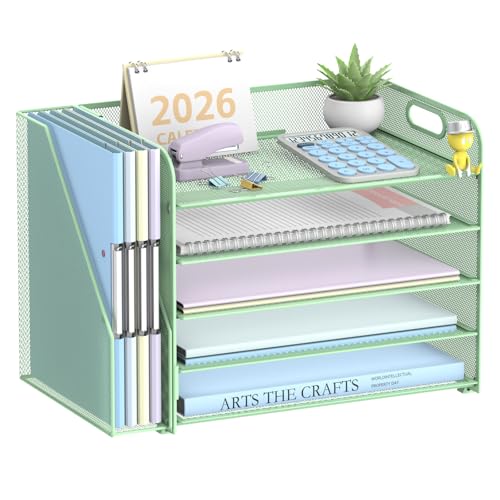 5-Tier Desk Organizer with File Holder, Paper Organizer, Mint Green | 5 Letter Trays and Vertical File Holder with Metal Mesh Frame for Papers Folders Books and Mail in Office Home or School - color: Green