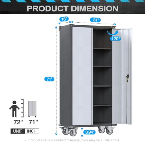 Rolling Garage Storage Cabinet with Locking Door and Shelves, 71''H Lockable Metal Storage Cabinet on Wheels, Steel Tool Cabinet for Warehouse, Basement, Utility Room, Black&Gray - size: Large