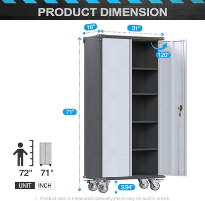Rolling Garage Storage Cabinet with Locking Door and Shelves, 71''H Lockable Metal Storage Cabinet on Wheels, Steel Tool Cabinet for Warehouse, Basement, Utility Room, Black&Gray - size: Large
