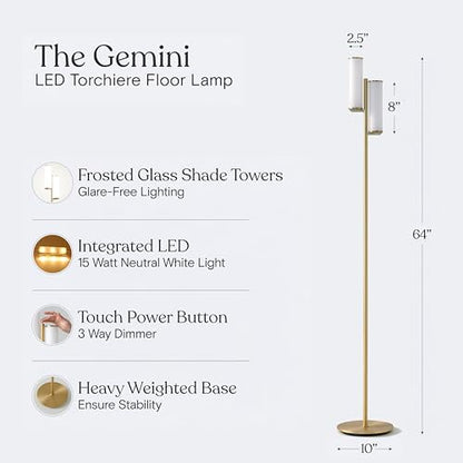 Brightech Gemini Dimmable Floor Lamp with Two Lights - Modern Tall Tree Lamp for Bedroom, Office, Living Room - Gold/Brass - color: Brass