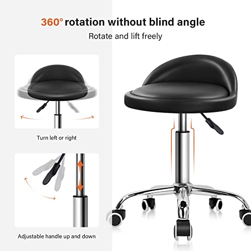 KKTONER PU Leather Round Rolling Stool with Back Rest Height Adjustable Swivel Drafting Work SPA Task Chair with Wheels Black - color: Black