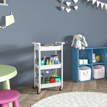 MIOCASA Utility Rolling Cart with Cover Top Board, 3-Tier Kitchen Storage Organization, Art Cart with Wheels for Office, Classroom, Living Room, Kitchen, Bathroom, White, Plastic - size: 3-Tier, style: White