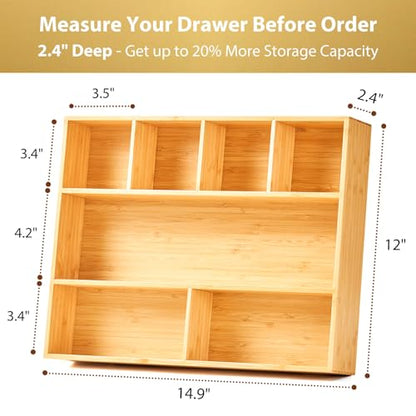 Umilife Large Bamboo Desk Drawer Organizer, Wood Office Junk Tray, 15"x12" | 2.4" Tall for Deep Drawer - Adjustable slots - Anti Slip Silicone Pads - Versatile Storage Box in Kitchen, Pantry - size: 15"x12"