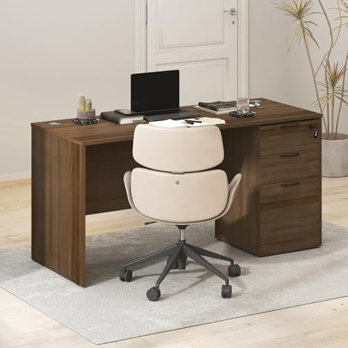 Furinno Roger 60 Inch Executive Desk with File Cabinet, Home Office Desk with 3-Drawer Fixed Pedestal Filing Cabinet, Desk Cord Grommet, for Home Office, Modern Walnut - color: Modern Walnut, size: 60" Wide, with File Cabinet