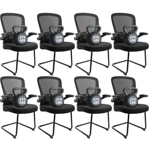 CLATINA Office Guest Chair no Wheels, Ergonomic Mesh Desk Chair Adjustable Lumbar Support and Flip Up Arms, Sled Base for Office Guest & Reception Chairs for Conference Room,Black (8PK) - color: Black Flip Up Armrests, size: 8PK