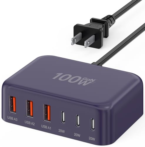 USB Fast Charger Block 50% Smaller 100W Max 6-Port GaN USB Charging Station - color: D-Purple, size: 100W