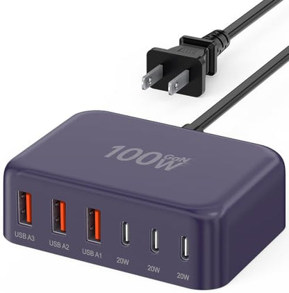 USB Fast Charger Block 50% Smaller 100W Max 6-Port GaN USB Charging Station - color: D-Purple, size: 100W