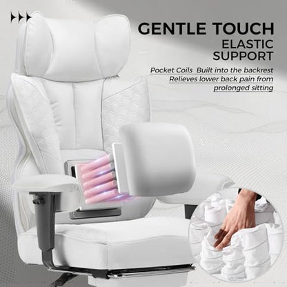 GTPLAYER Big and Tall Gaming Chair 400lbs Heavy Duty Office Chair with Foot Rest & Ergonomic Pocket Spring Lumbar Support, High Back 3D Saddle Shaped Cushion for Back Pain Relief, White - color: White