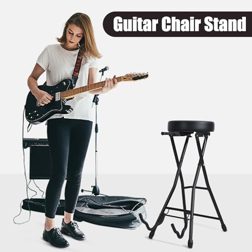 Guitar Stool, Foldable Padded Seat with Built-in Stand & Footrest, Retractable Hook Non-Slip Feet for Acoustic Electric Bass Home Studio Practice (Black-B) - color: Black-b