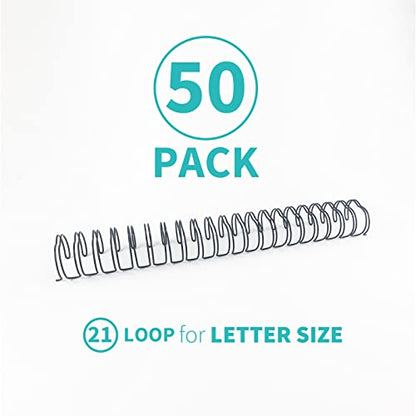 Binditek 50 Pack Double Loop Wire Binding Spines, 1Inch Binding Wire for Letter Size, 2:1 Pitch, 220 Sheet Capacity, 21-Loop, Black, for Students and Coworkers | Wire Binding Spines for Letter Size, 21-Loop, 220 Sheet Capacity, for Reports, Manuals and Pr