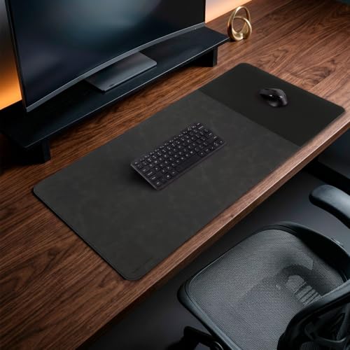 HAUTOCO Cork Desk Mat 36''x17'', Distressed PU Leather & Cloth Desk Pad - color: Black, size: 36" x 17"