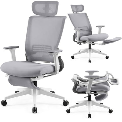 Ergonomic Foldable Office Chair with Footrest and Lumbar Support, Grey | Compact desk chair with space-saving folding design, 2D headrest, 2D armrests, computer cahirs for home office - color: Grey