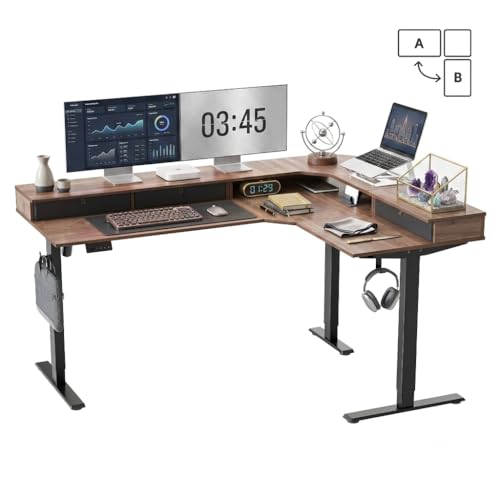 CubiCubi 63x48 Inches L Shaped Standing Desk with 3 Drawers and Monitor Shelf, Height Adjustable Corner Computer Desk with Hooks, Sit Stand Up Ergonomic Home Office Workstation Table, Deep Walnut - color: Deep Walnut, size: 63"x48"