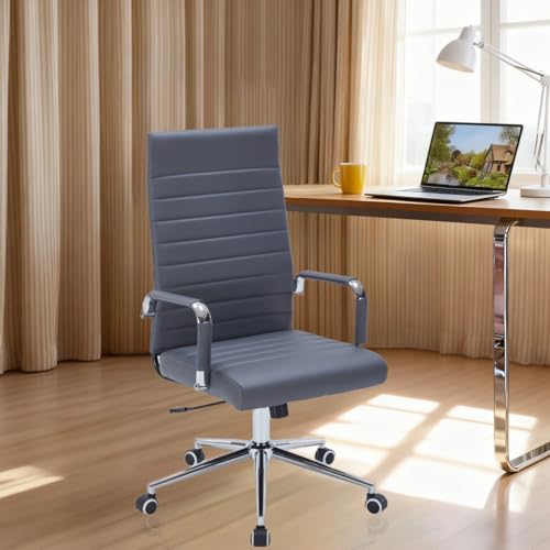 Grey Leather Ribbed Office High-Back Desk Conference Chairs with Wheels | Ergonomic High-Back Executive Chairs with Wheels Adjustable Swivel Computer Task Desk Chair with Arms and Thick Padded Seat - color: Grey, size: High Back